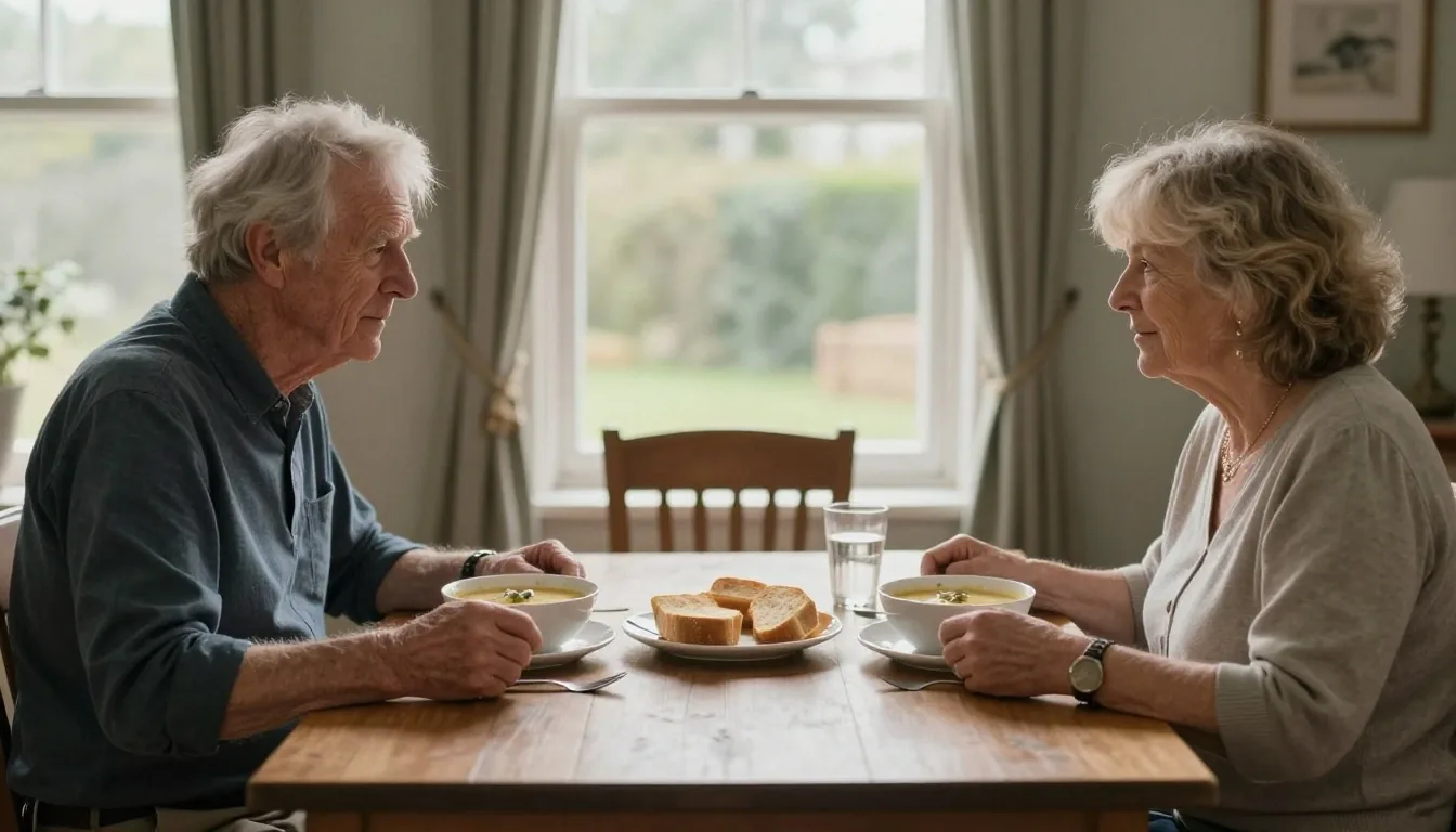 An older couple seated at a plain table with a simple home-cooked meal in front of them