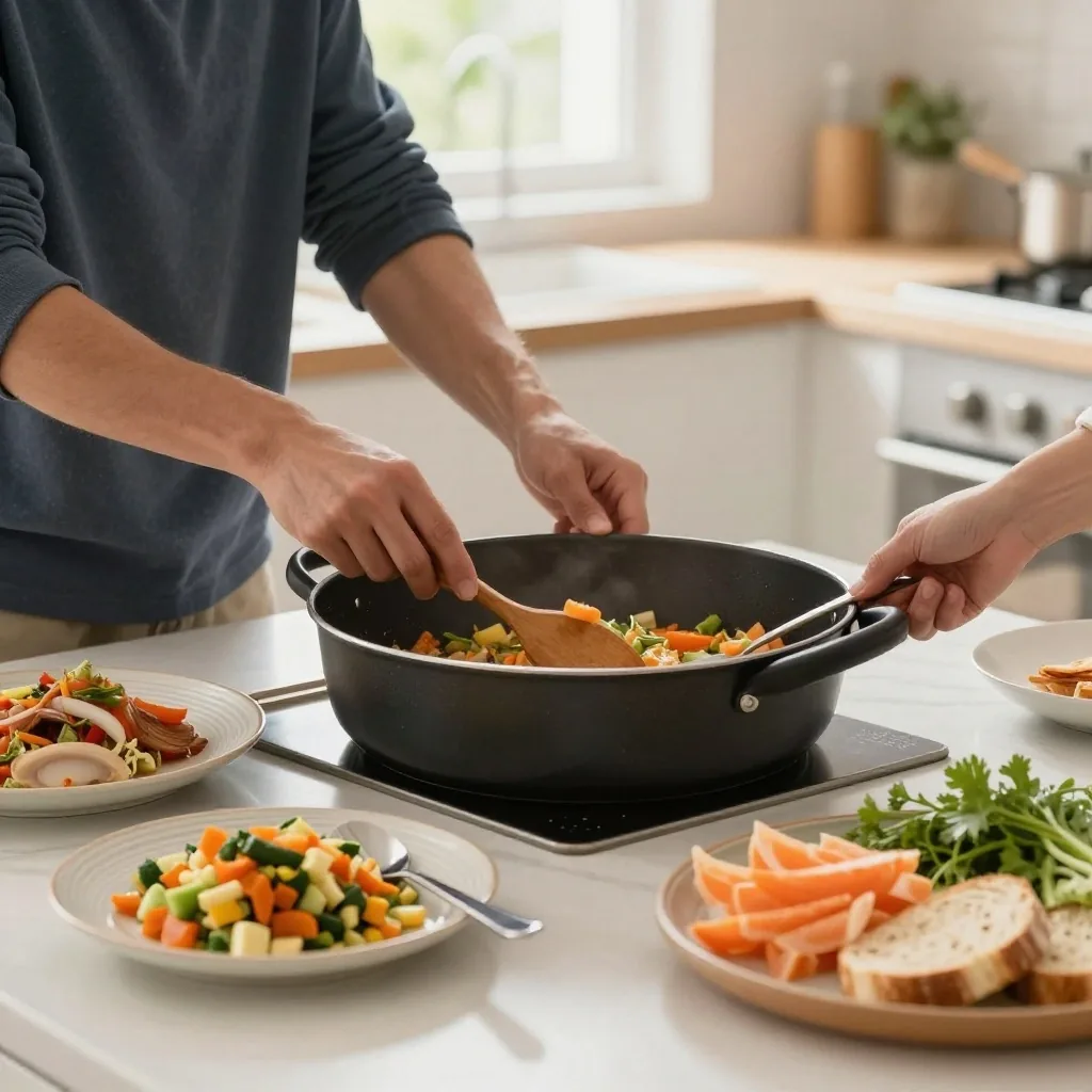 Hands portioning a family meal beside a bowl of chopped vegetables on a home kitchen counter