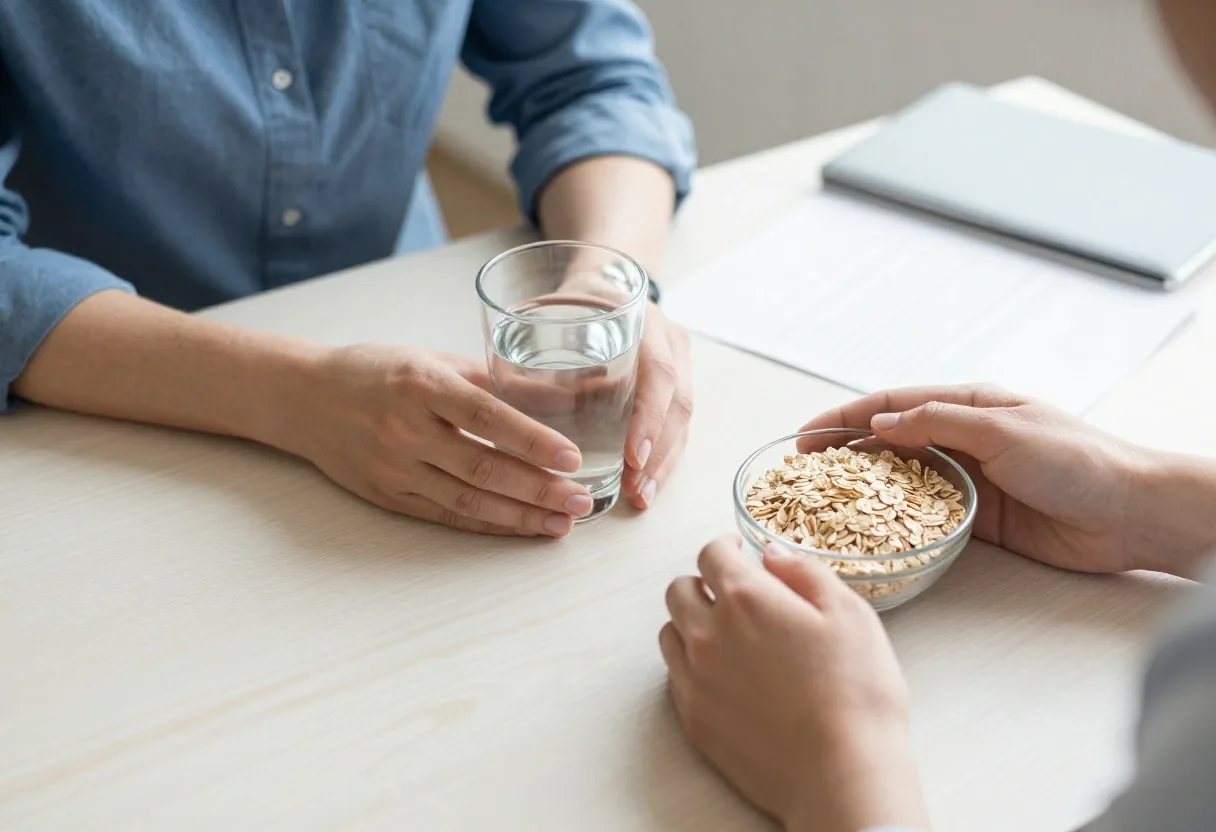 A printed dietary plan being annotated by hand on a light stone desk
